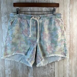Aerie Denim Shorts Women‎ M Pastel Blue Tropical Floral Elastic Waist Drawstring